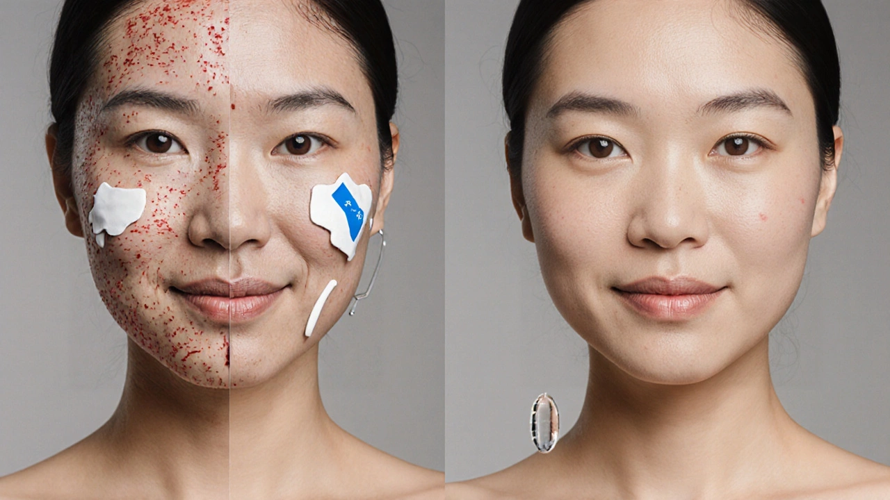 Split-face portrait showing relief from irritation with La Roche Posay versus dryness with CeraVe.