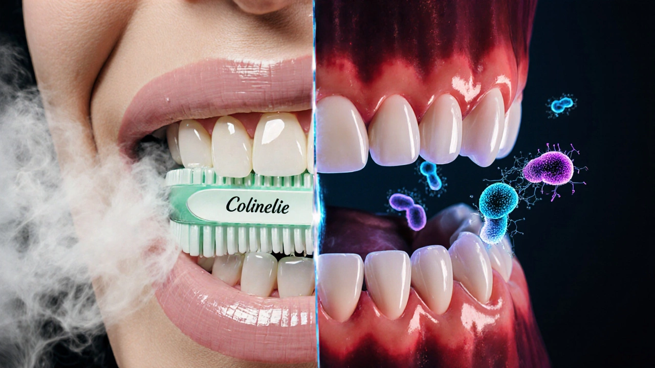 Split-mouth illustration showing cosmetic freshness on one side and therapeutic action on the other.