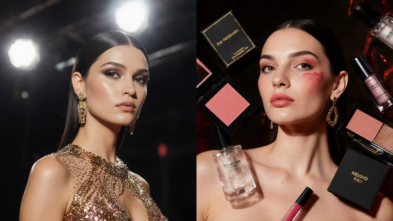 Split-screen contrast: glamorous red carpet makeup vs. minimal everyday skincare routine.