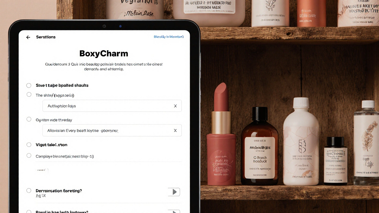Tablet showing BoxyCharm&#039;s personalized quiz with indie beauty brands visible in the background.