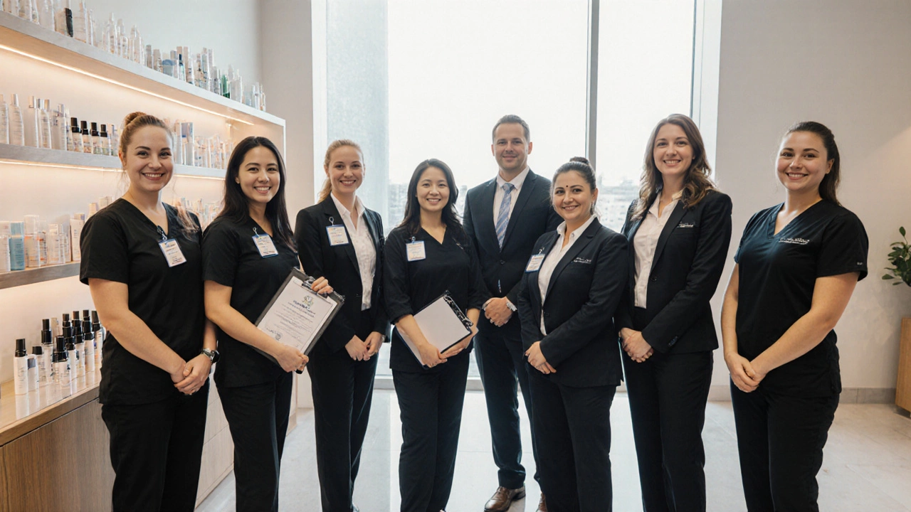 Trained cosmetic professionals in a modern clinic with certification badges.