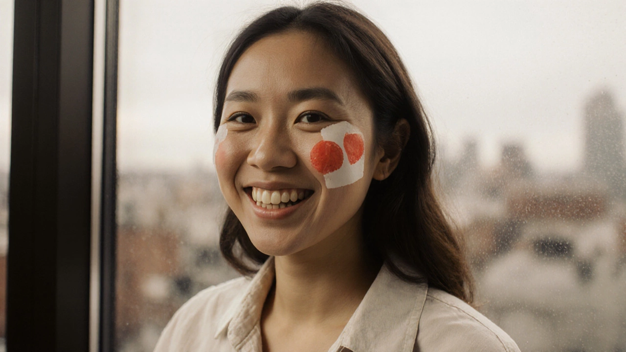Woman smiling in natural light with just blush and mascara, looking confident and refreshed.