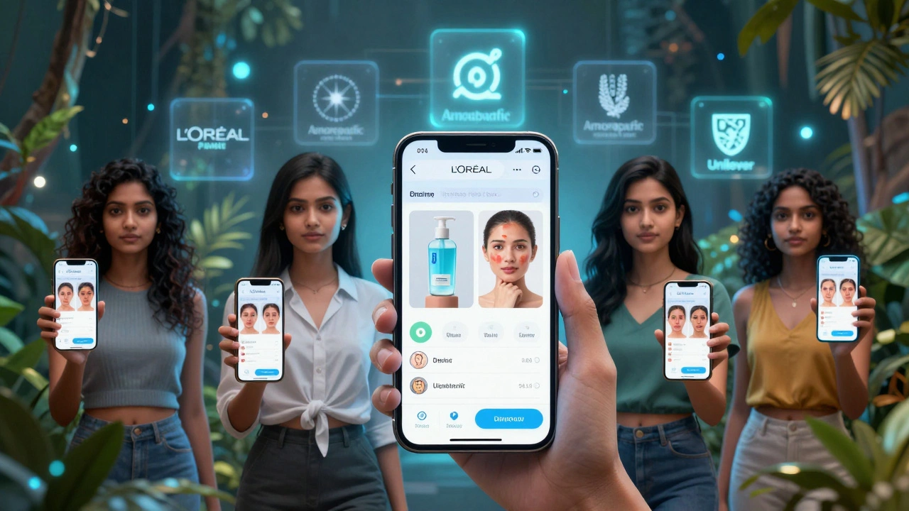 AI skin diagnostic app displayed over diverse women, with glowing brand logos in a futuristic natural aesthetic.