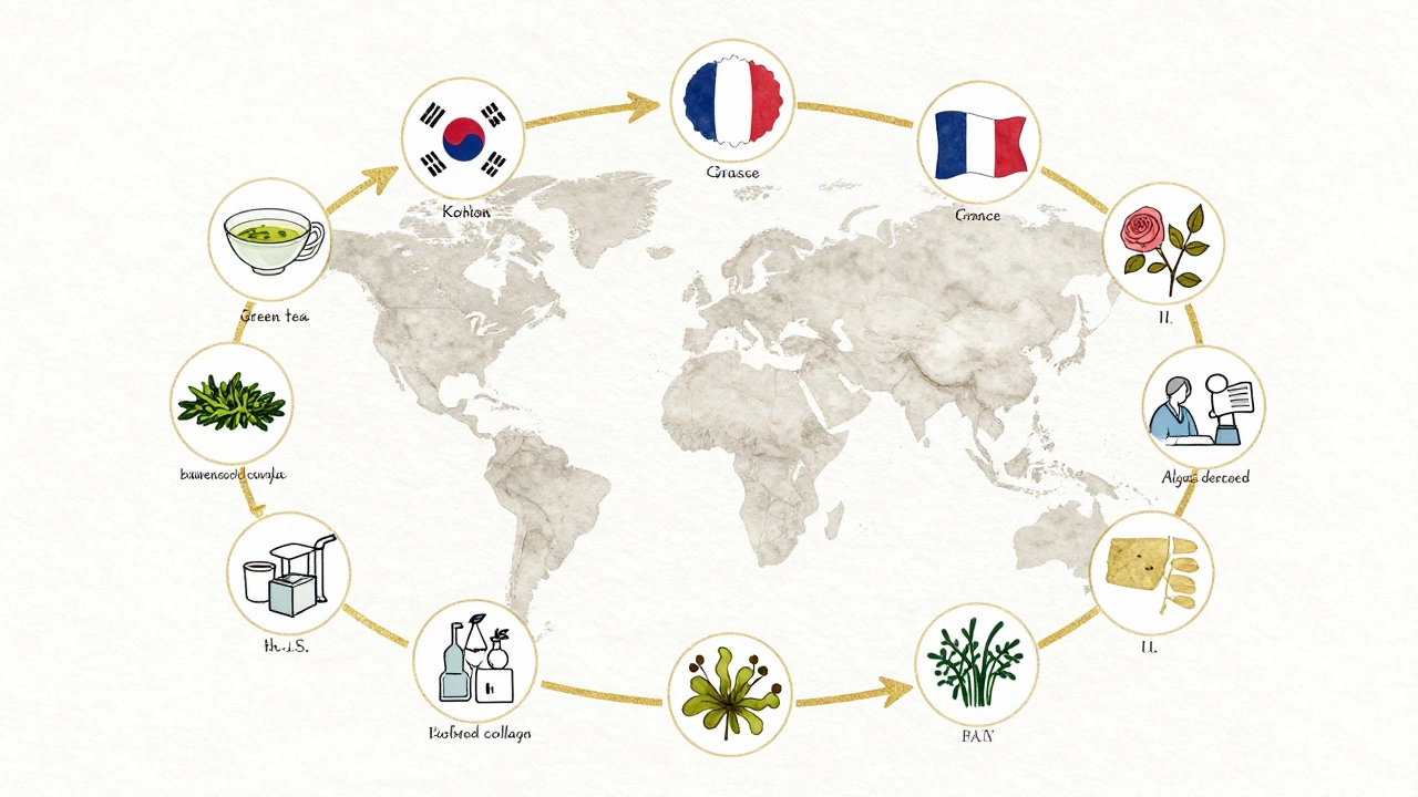 Circular supply chain illustration showing global beauty ingredients flowing into factories with watercolor and gold accents.