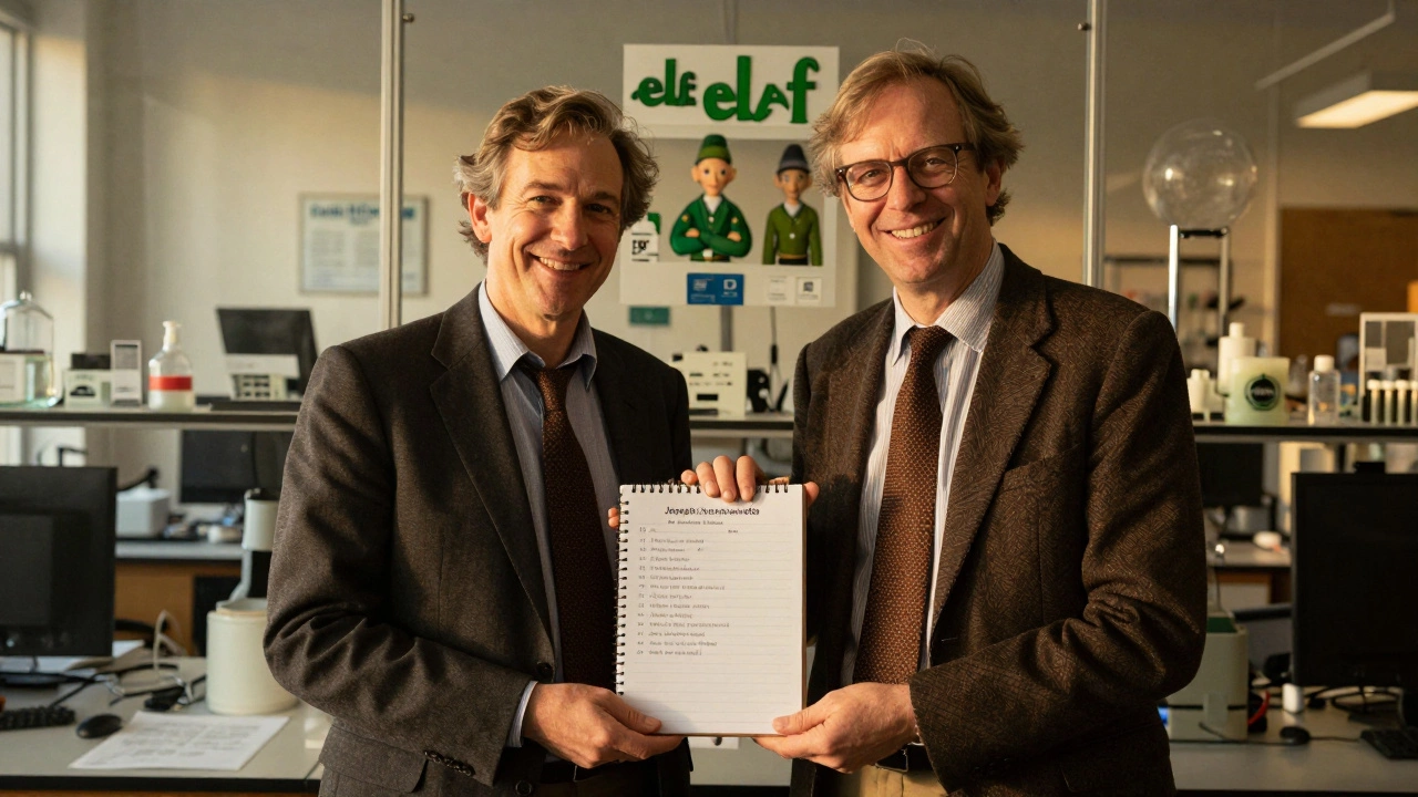 ELF founders in their San Francisco office with cosmetic products and lab equipment behind them.