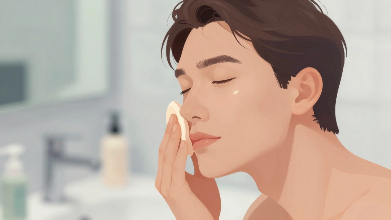 Hand blending foundation with a sponge, seamlessly matching skin tone to neck.