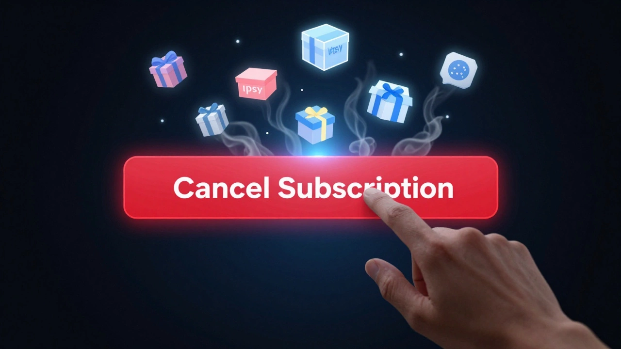 Hand clicking cancel button as beauty box brand icons fade away in smoke.