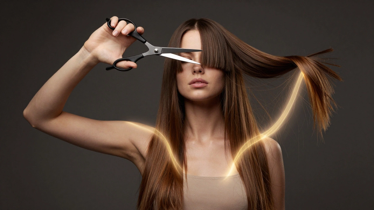 Hand holding scissors above hair splitting into three lengths, glowing paths symbolizing personal choice.