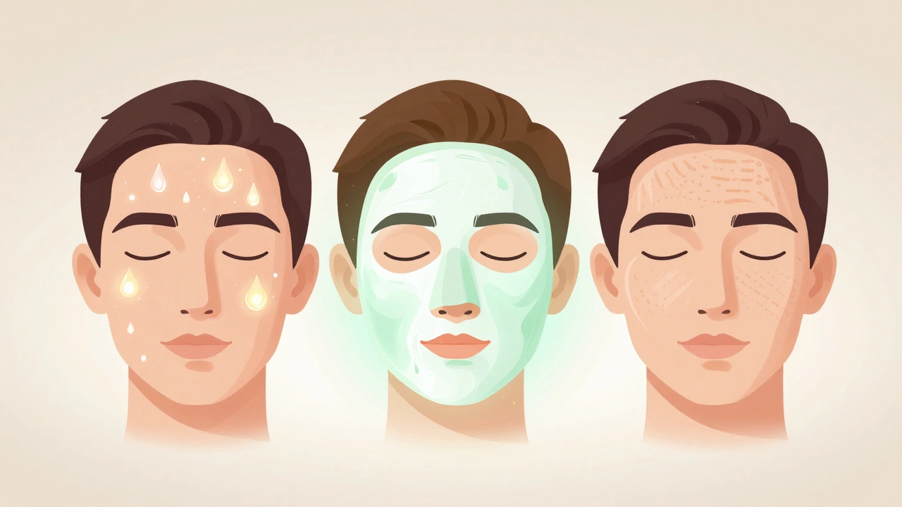 Illustrated face showing weekly exfoliation and soothing repair with calming light.