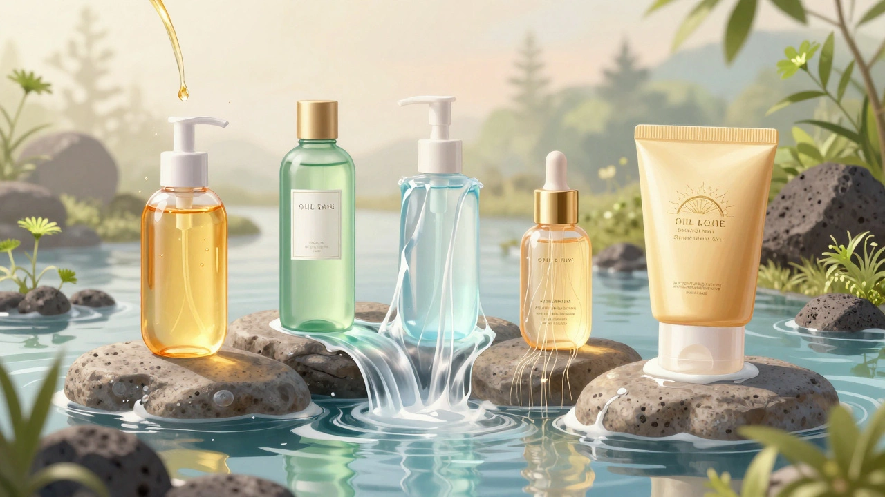 Layered skincare ingredients flowing like a river over skin-like stone, surrounded by Korean botanicals and volcanic rocks.