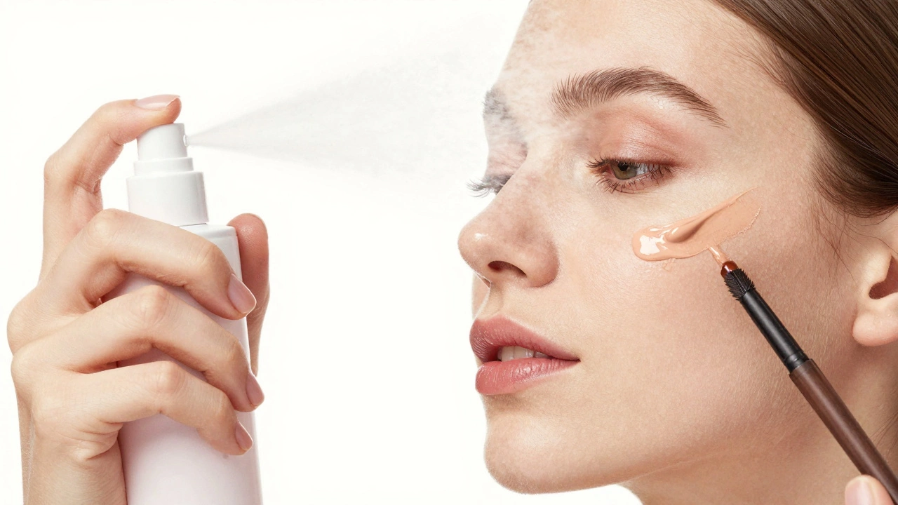Mist of setting spray blending makeup into skin like watercolor, symbolizing natural enhancement.