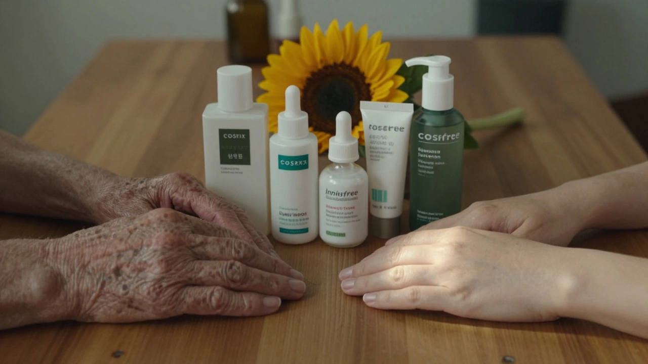 Older and younger hands side by side with Korean skincare products and a sunflower, symbolizing generational skin care wisdom.