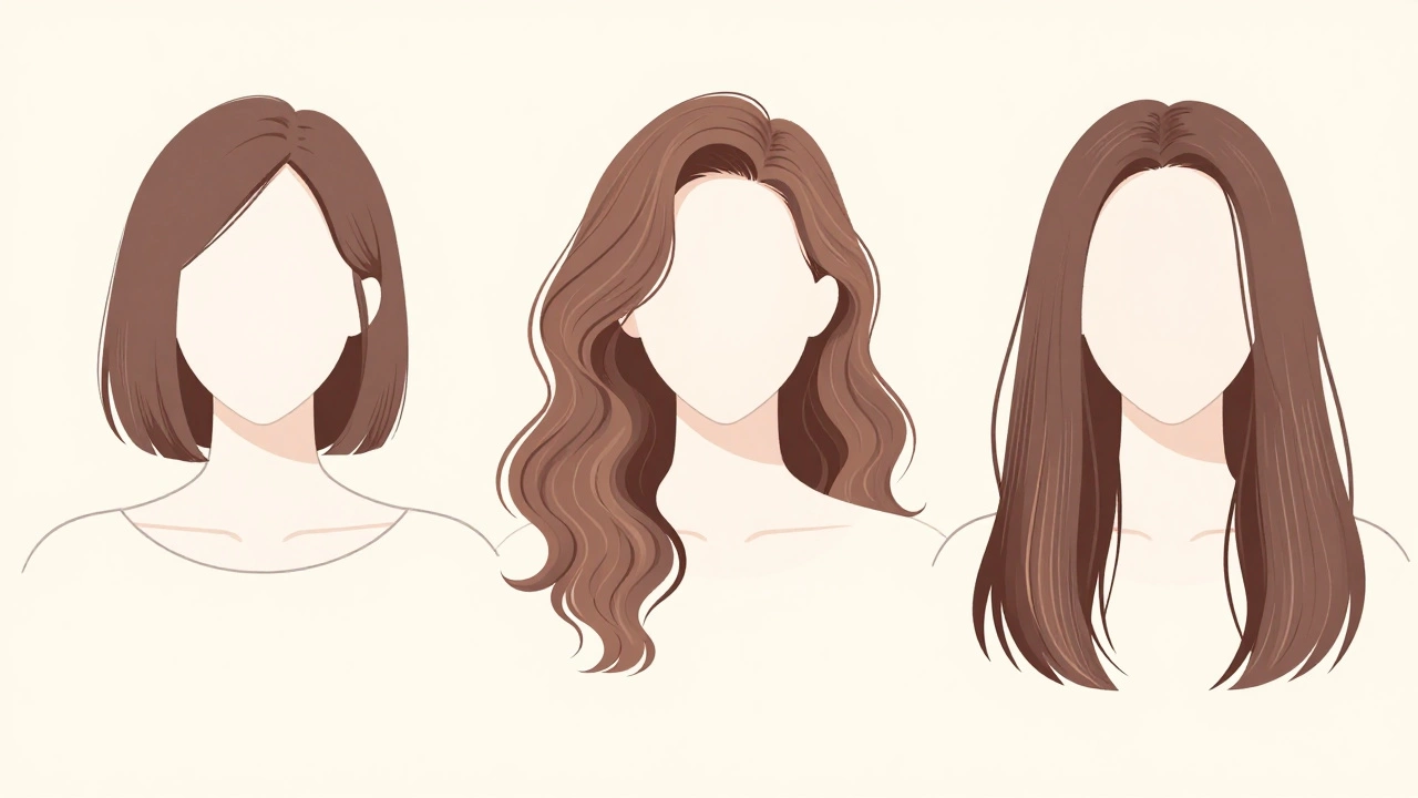 Three women with different hair lengths matched to their face shapes in minimalist artistic style.