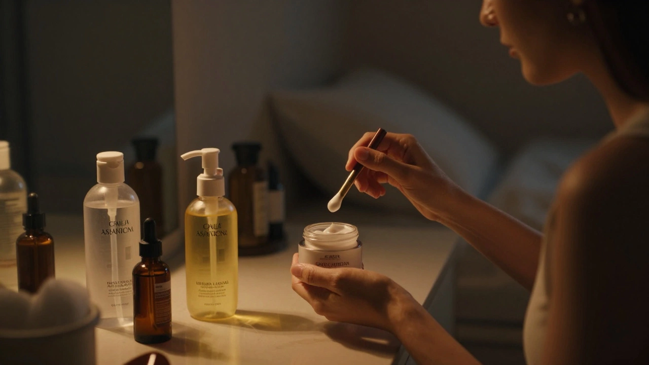 Woman applying retinol cream at night in a softly lit bedroom.