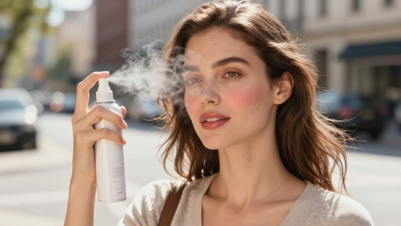Woman stepping outside with natural makeup, setting spray mist glowing in sunlight.