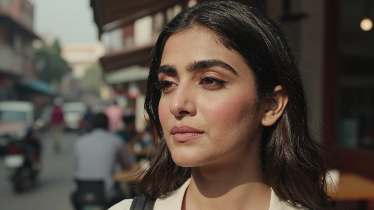 Woman with soft brows and blush, standing outside a café, glowing skin, minimal makeup.