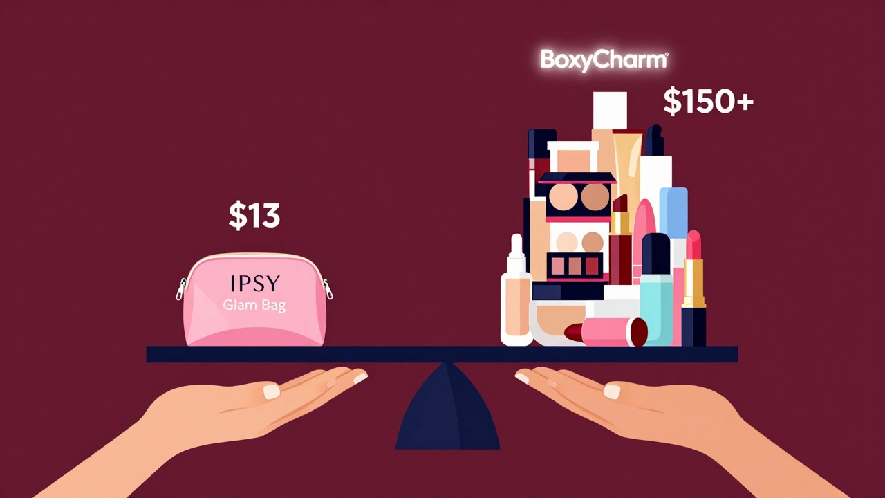 A scale balancing a small Ipsy box against a tall stack of full-size beauty products from BoxyCharm, representing value comparison.