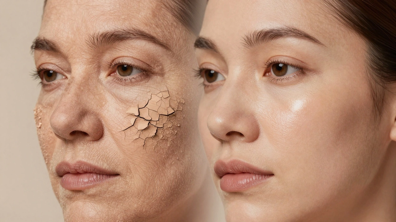 Contrast between powder foundation settling into wrinkles and liquid foundation blending seamlessly into skin.