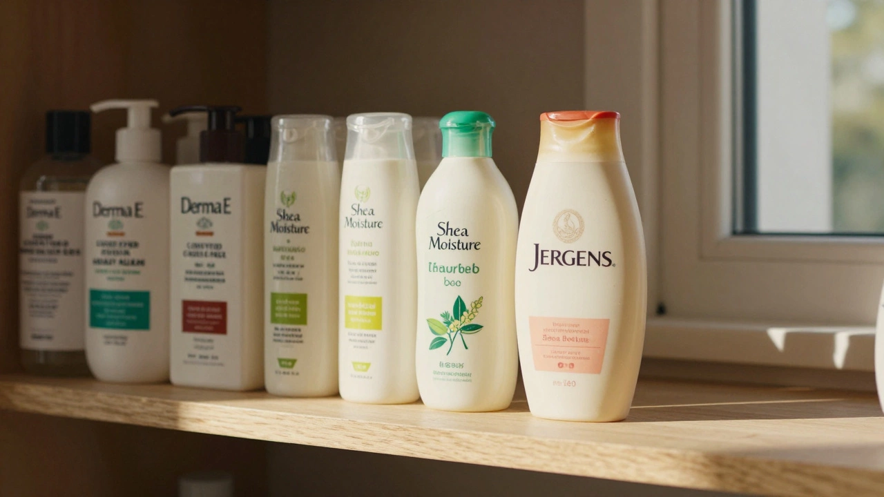Cruelty-free lotions lit by sunlight beside a faded Jergens bottle, symbolizing ethical consumer choice.