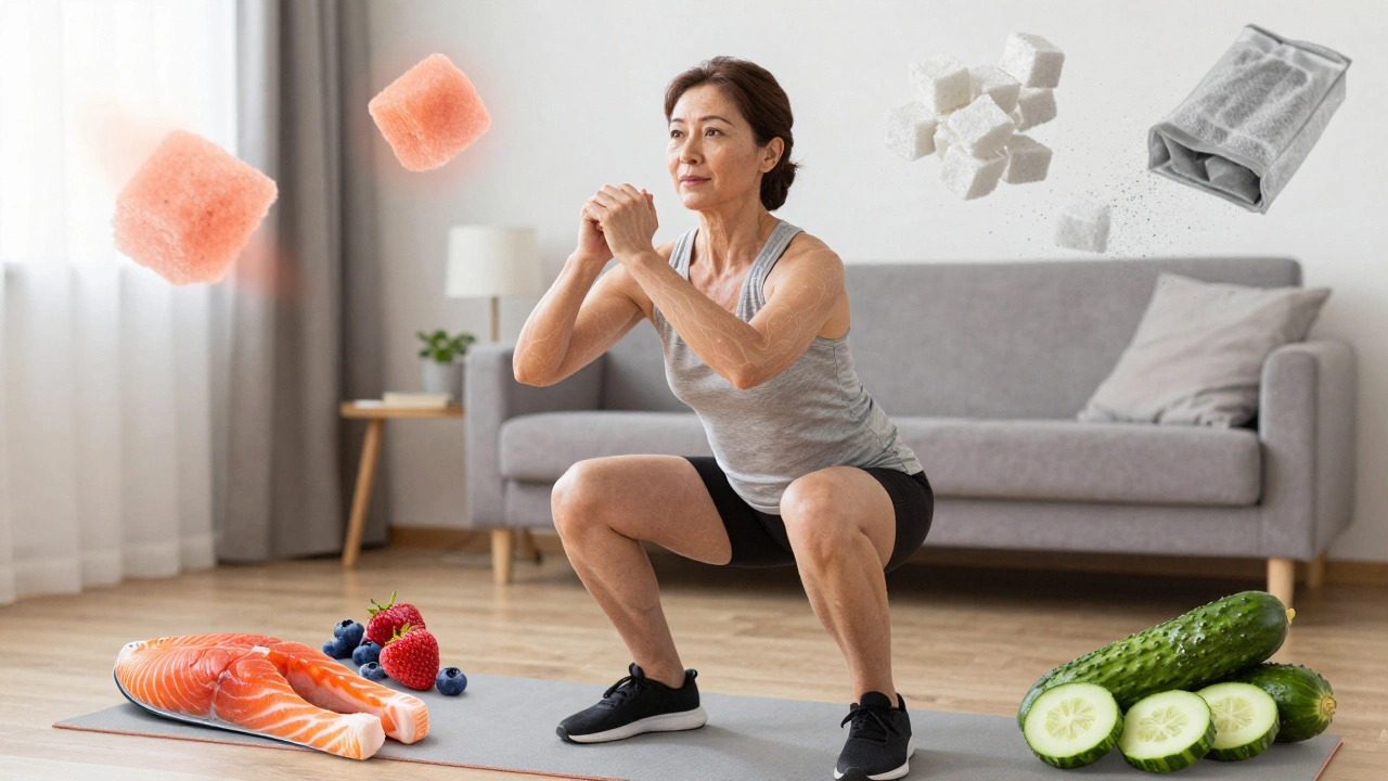Person exercising as youthful skin and healthy foods surround them