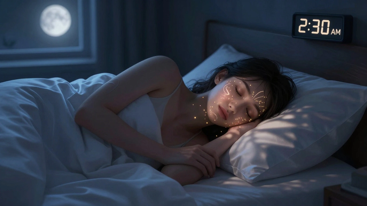 Person sleeping peacefully in cool bedroom with healing glow