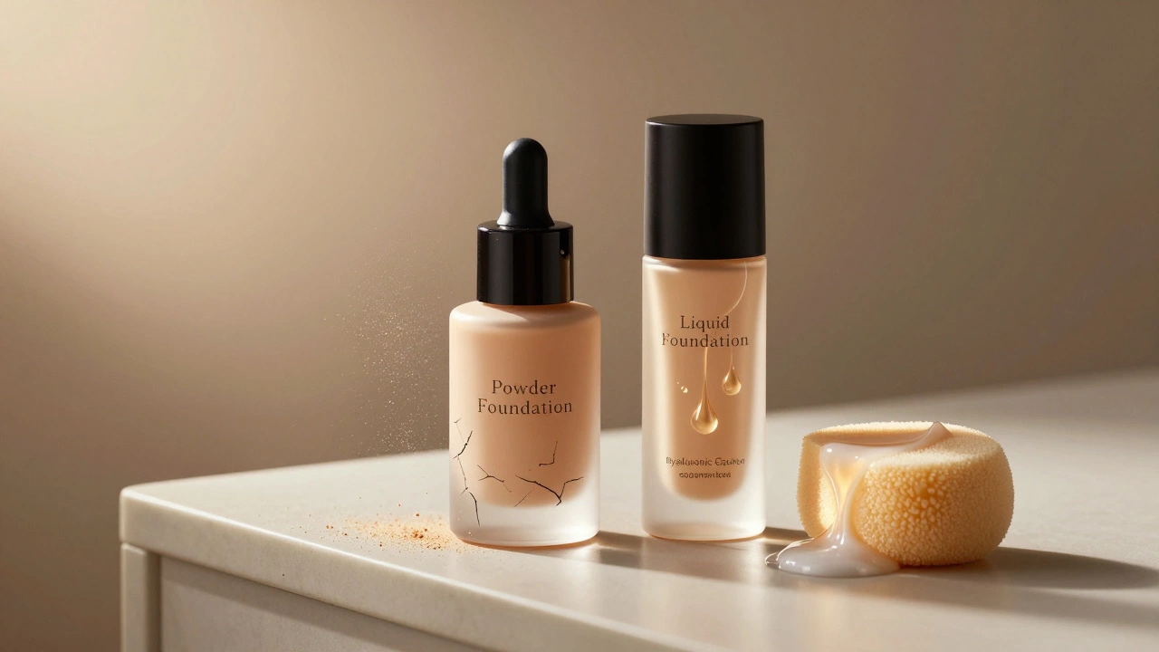 Vanity scene showing powder and liquid foundation bottles with symbolic textures representing their effects on aging skin.