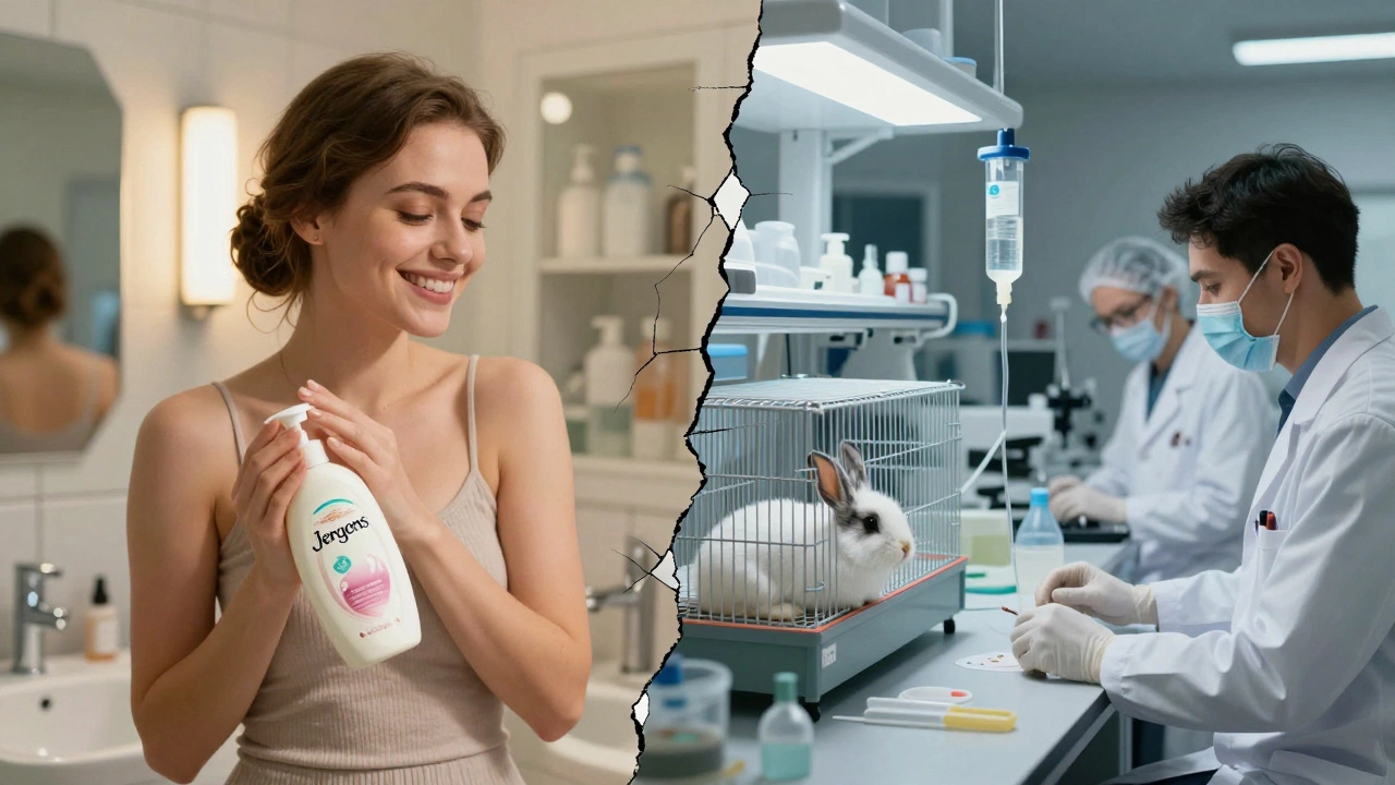 Woman applying lotion beside a lab with animals in cages, illustrating the ethical conflict behind cruelty-free claims.