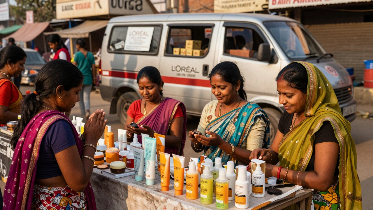 Women in India testing a new turmeric-based L'Oréal skincare line at a local market under golden sunlight.