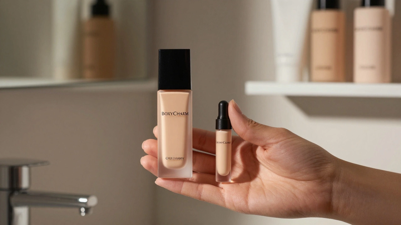 A hand comparing a full-size beauty product next to a tiny sample, highlighting the size difference.