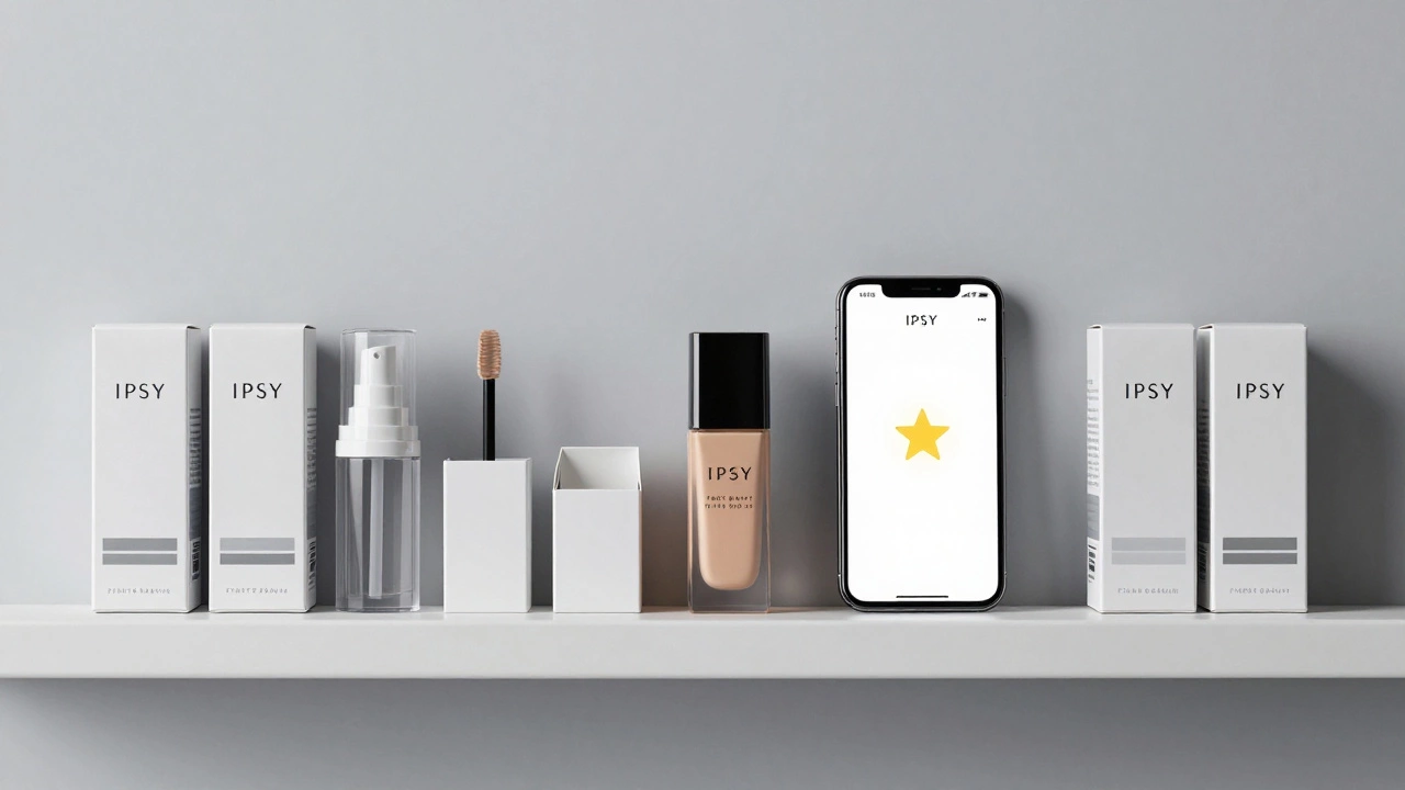 A row of used IPSY boxes on a shelf with one full-size beauty product and a smartphone showing the app interface.