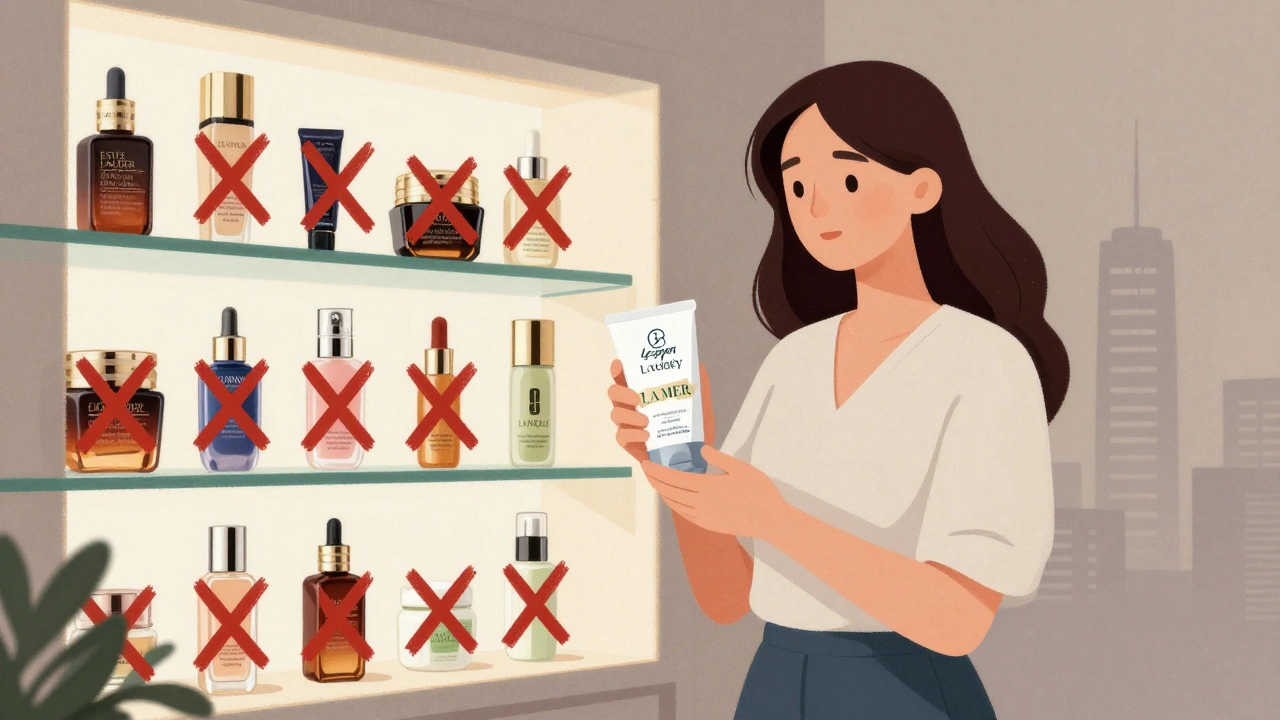 A shopper choosing a cruelty-free product while turning away from Estee Lauder brands marked with X's, under soft daylight.