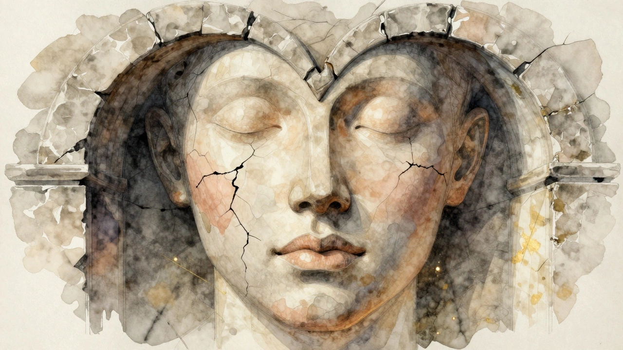 Artistic depiction of a heart-shaped face as a crumbling arch, symbolizing chin volume loss and aging.