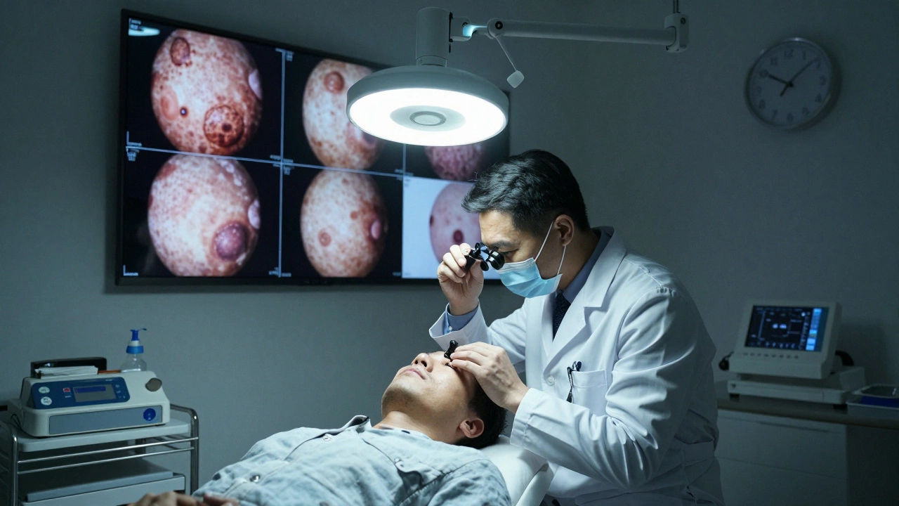 Dermatologist examining skin under clinical light, screens display magnified skin lesions, clock reads late afternoon.