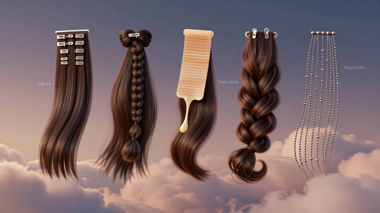 Five types of hair extensions floating in mid-air, each showing unique wear characteristics.