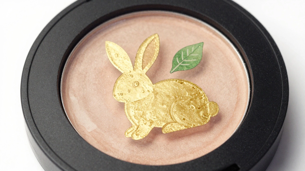 Makeup compact with golden bunny and leaf certification symbols on matte black packaging
