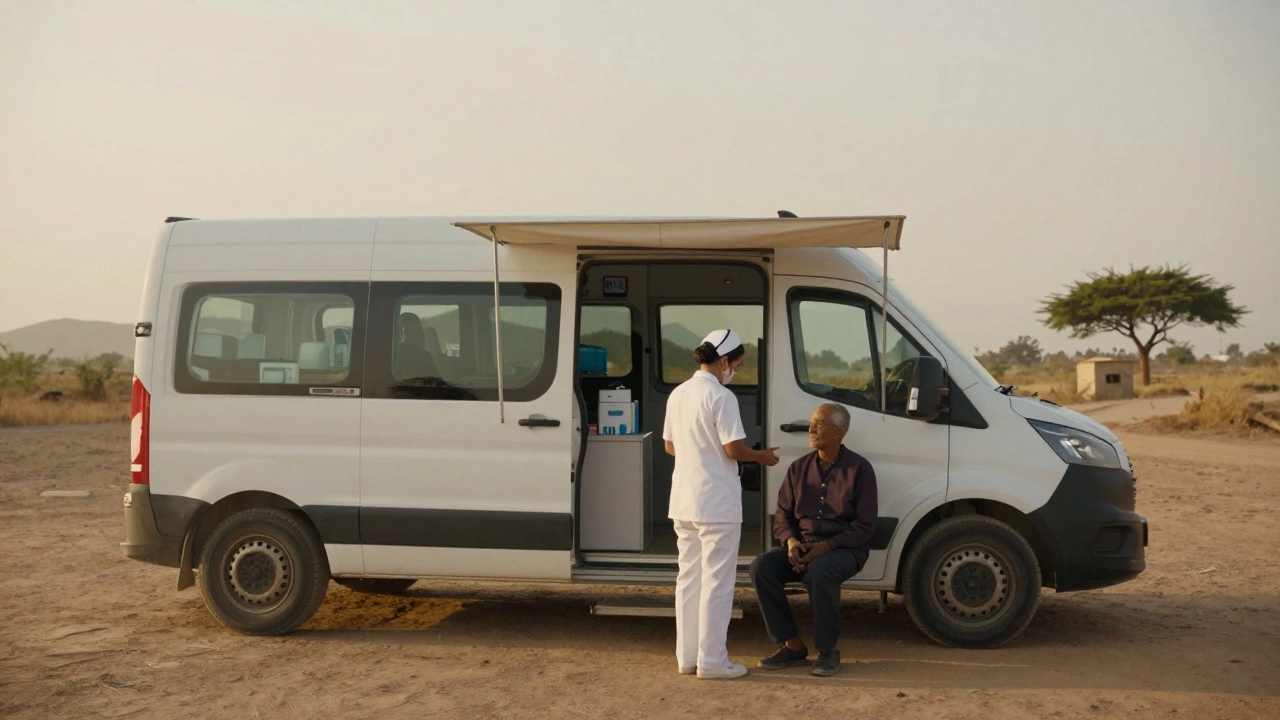 Mobile dermatology van serving rural patients, nurse consults elderly woman under awning at golden hour.
