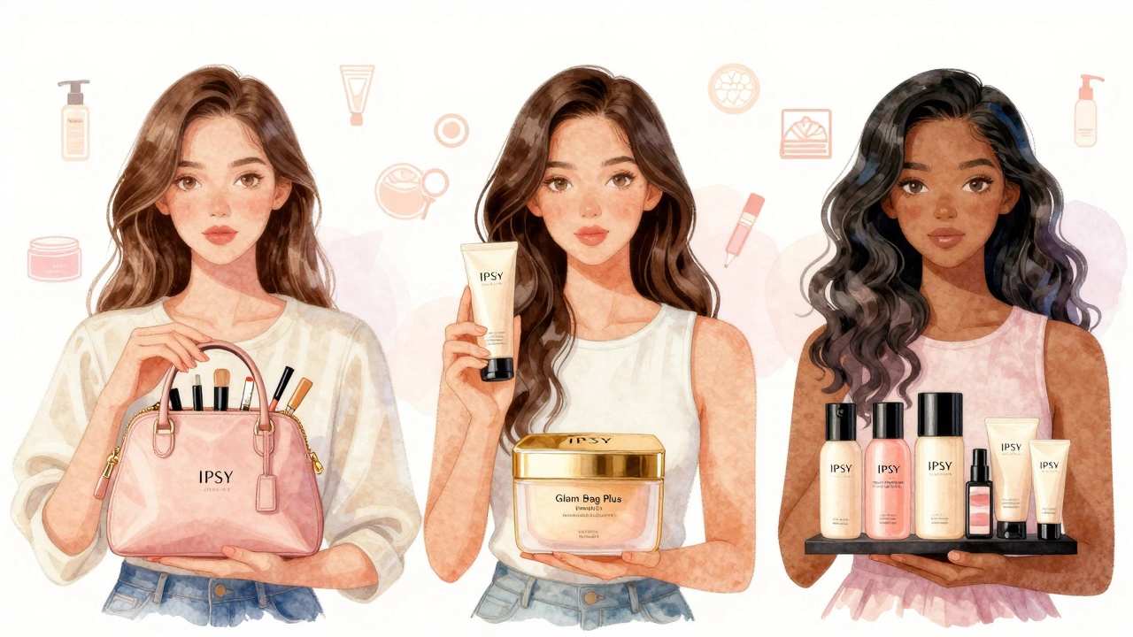 Three women holding different IPSY subscription boxes with varying numbers of full-size and sample products.