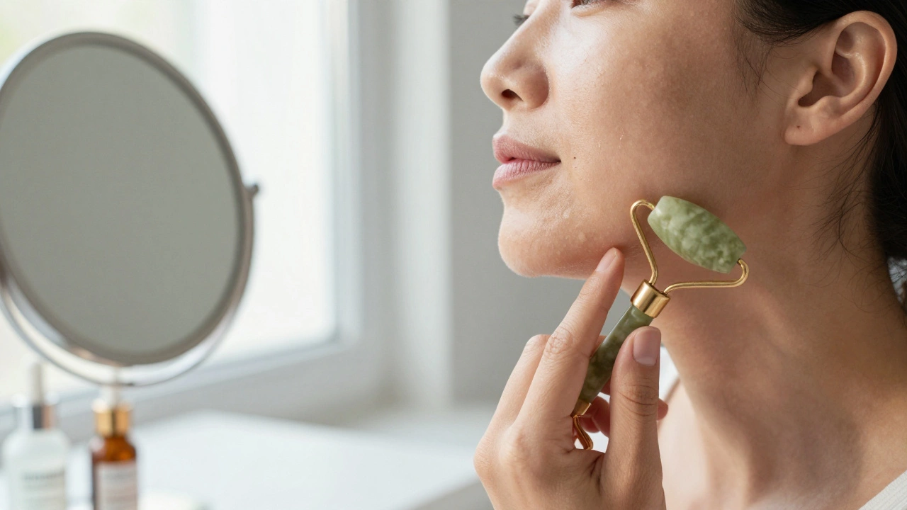 Woman gently massaging her jawline with a jade roller at dawn, highlighting skincare routine for heart-shaped face.