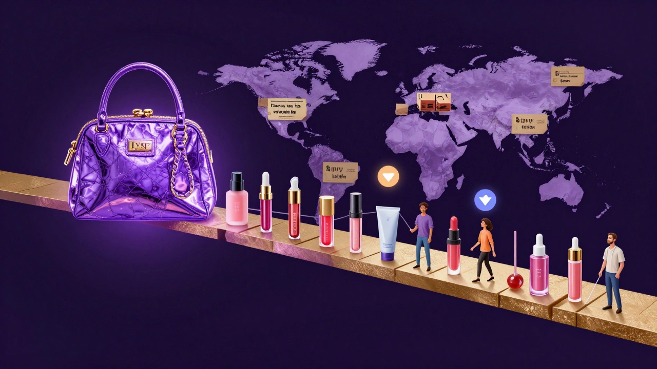 A purple Ipsy bag transforming into a bridge of beauty products connecting people worldwide.