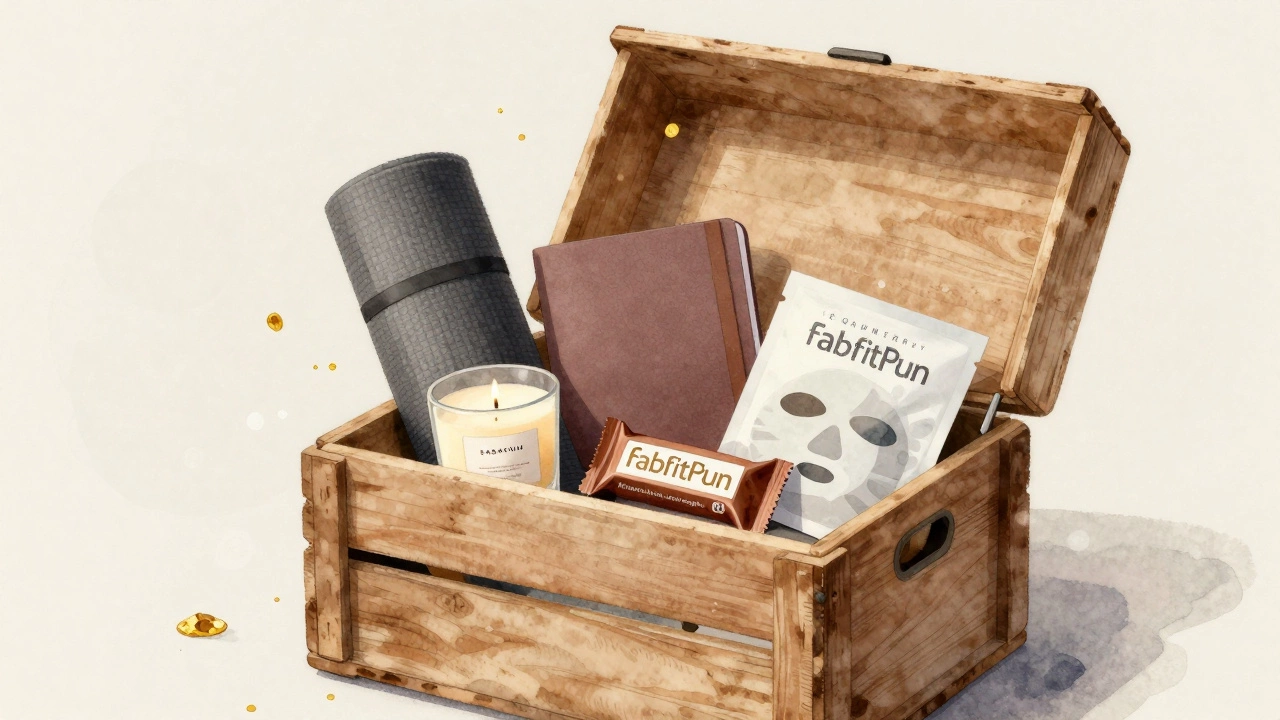 A quarterly FabFitFun box filled with lifestyle items like a candle, journal, and skincare mask.
