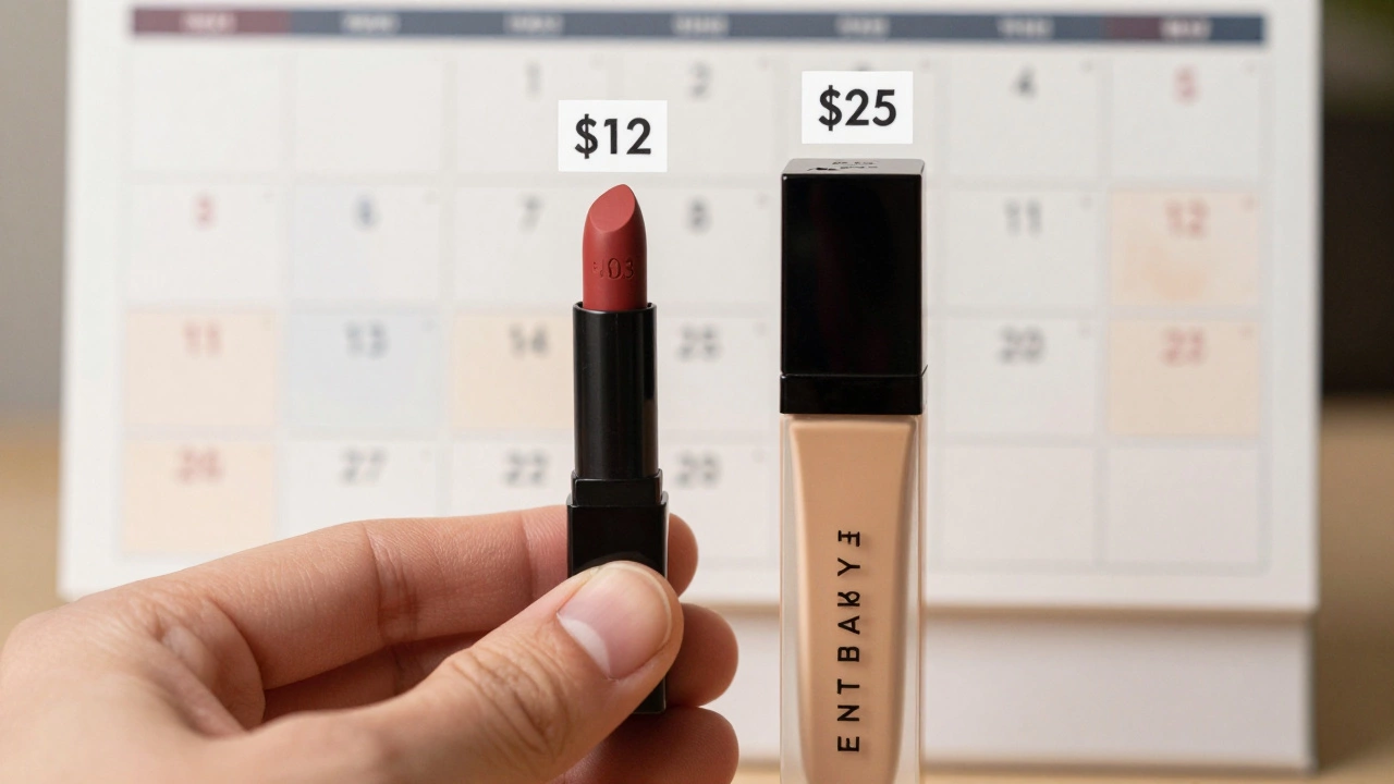 A tiny lipstick sample next to a full-size foundation bottle with price tags floating above.