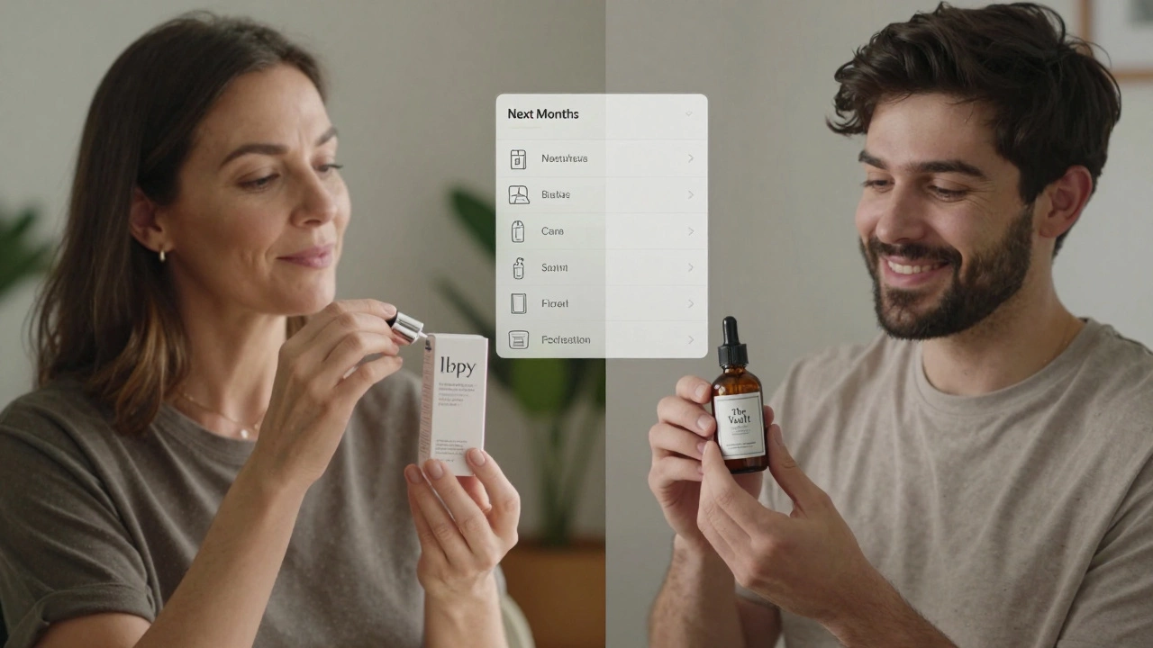 A woman and man using Ipsy products for anti-aging and beard care, with digital preview visible.