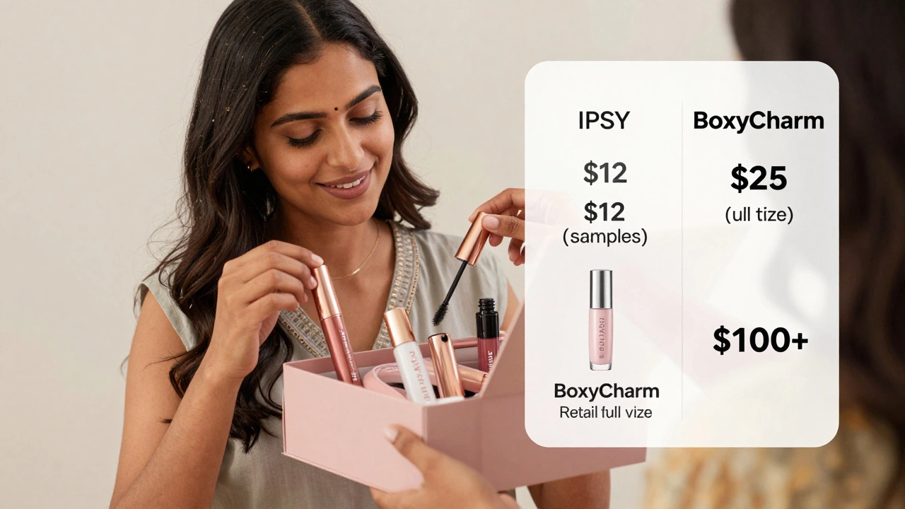 A woman in India opening a BoxyCharm box filled with full-size beauty products.