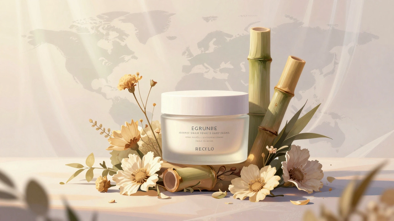 Eco-friendly beauty packaging surrounded by natural plant elements