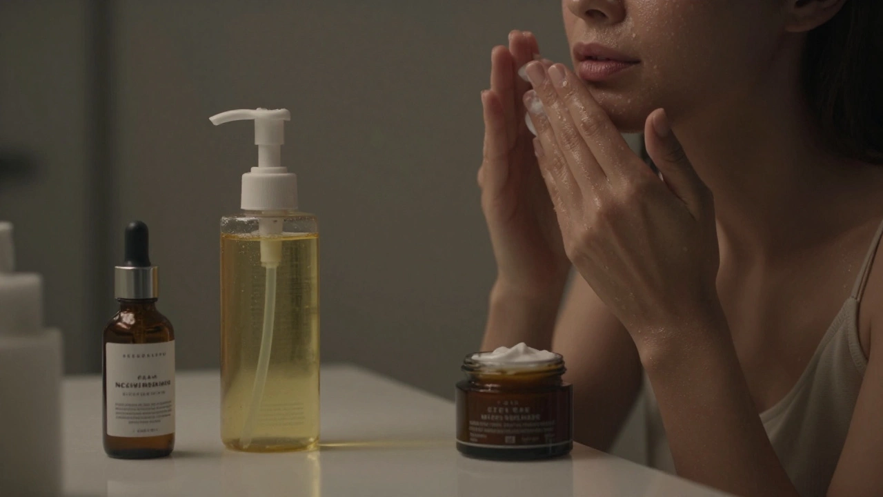 Evening skincare routine with two cleansers and a moisturizer, showing repair-focused products in soft lighting.
