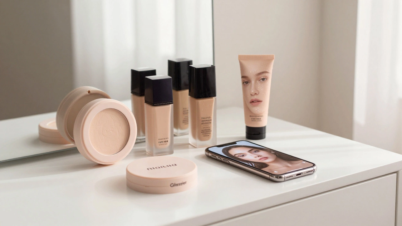 Minimalist vanity with Glossier and Maybelline products beside a glowing selfie on a phone.