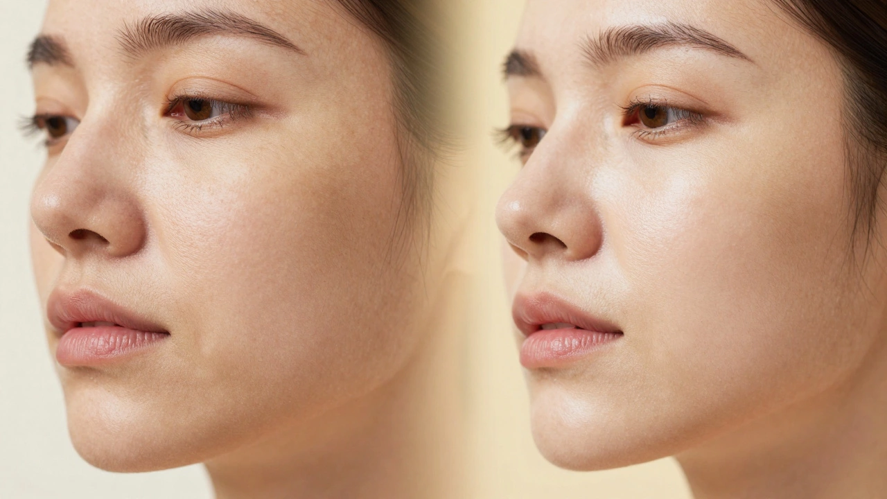 Side-by-side comparison of aging skin on the left and rejuvenated skin on the right after RF microneedling.