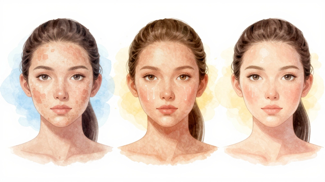 Three skin types—dry, oily, and combination—showing natural texture under seasonal Sydney conditions.