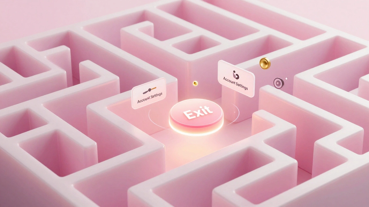 A conceptual digital maze with a glowing exit button and account setting icons.