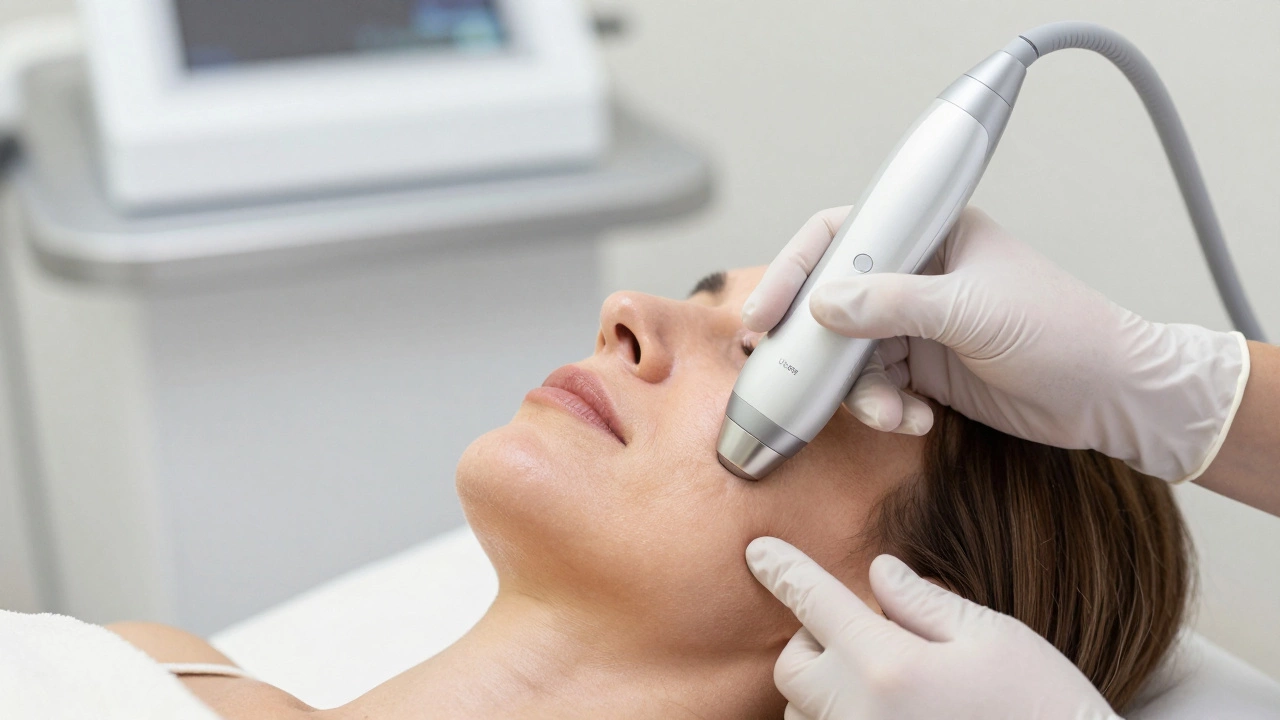 A dermatologist using an ultrasound skin tightening device on a patient's jawline.